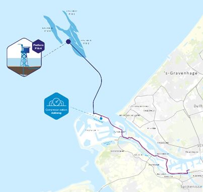 Graphic image of pat of South Holland, depicting the North Sea, The Nieuwe Waterweg towards Rotterdam. The photo shows where the Porthos project is.