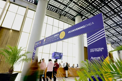 Photo of the registration desk of PCMA EMEA at Postillion WTC Hotel & Convention Centre, Rotterdam