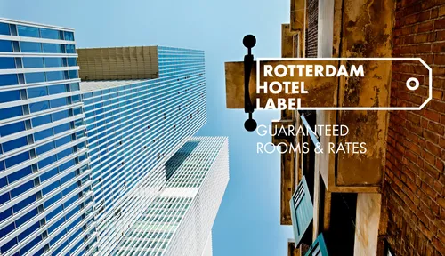 Photo with a view on De Rotterdam and Hotel Bruno, with Rotterdam Hotel Label logo