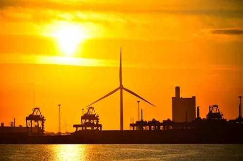 Photo of the industrial cluster in Rotterdam's Botlek area, early morning sunrise