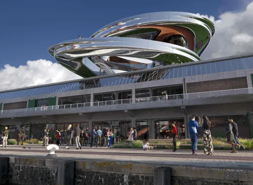 Photographic impression of the new FENIX museum with the amazing Swirl on the rooftop.