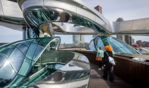 People enjoying the view of Rotterdam while visiting museum Fenix.