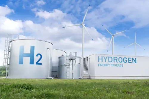 Hydrogen stored in high-pressure tanks.