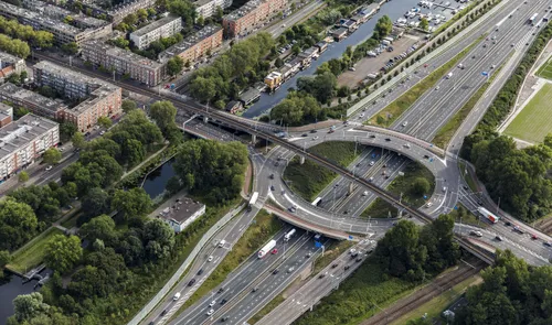 Een luchtfoto van het verkeer op het Schieplein