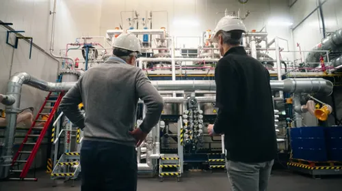 Photo of two men looking at the demo plant of OBBOTEC, located at Plant One in Rotterdams industrial cluster.