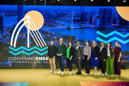 Photo of the Rotterdam Convention Bureau team on stage at PCMA Convening EMEA in Barcelona, 2024