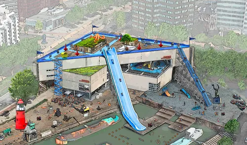 Een render van de Rotterdam Roeftop Roetsj
