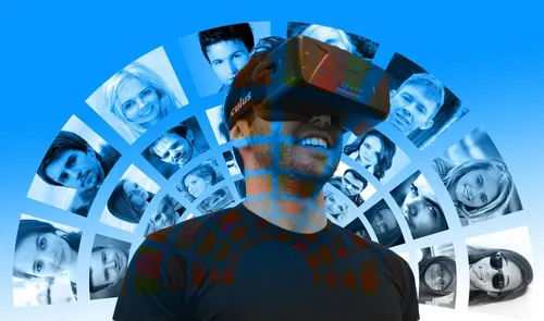 Compilation image of a young man wearing 3D goggles, in front of a 'wall' with headshots of other people