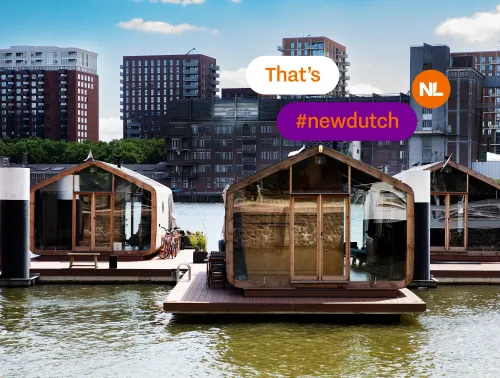 Floating Wikkelboats in Rotterdam's Rijnhaven. New Dutch logo is superimposed.