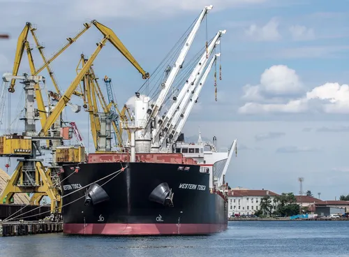 Photo of a ship docked in a Bulgarian port.