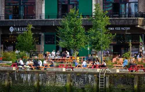 People enjoying food and drinks on picnic benches outside Fenix Food Factory in Rotterdam.