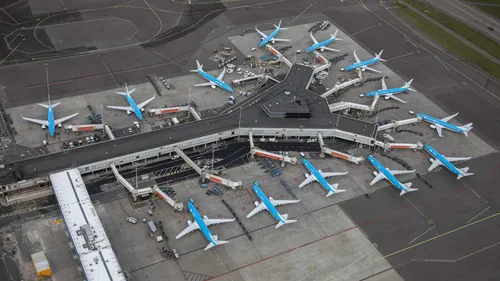 In this photo, you can see 13 blue KLM aircrafts parked.