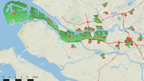 Graphic map showing the various business districts in the greater Rotterdam area