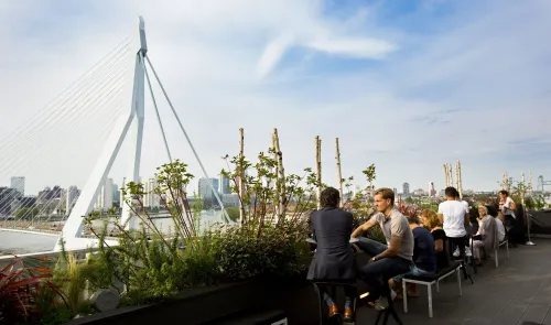 Rooftop terrace at nhow Rotterdam hotel with guests enjoying drinks and panoramic views of the Erasmus Bridge and the city skyline.