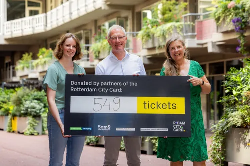 Een cheque met 549 Rotterdam City Cards wordt gedoneerd. 